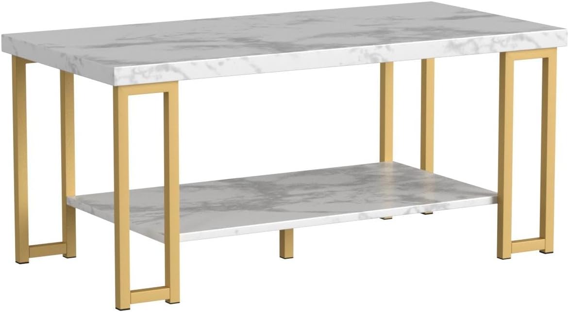 Rectangular Coffee Table, 2-Tier Center Table W/Faux Marble Tabletop