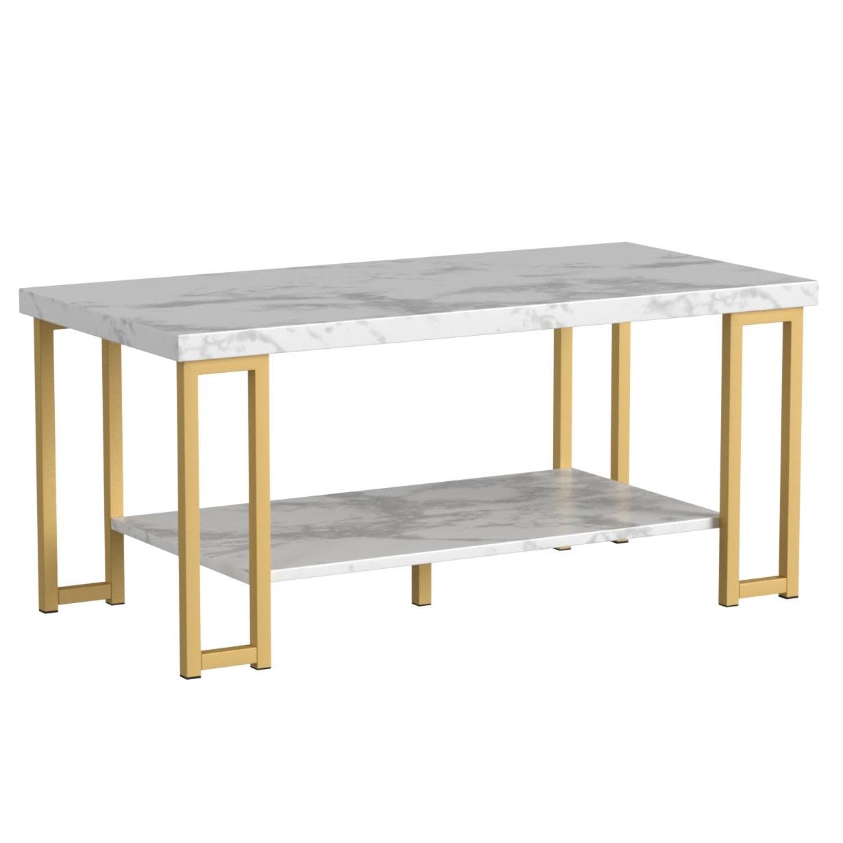 Rectangular Coffee Table, 2-Tier Center Table W/Faux Marble Tabletop