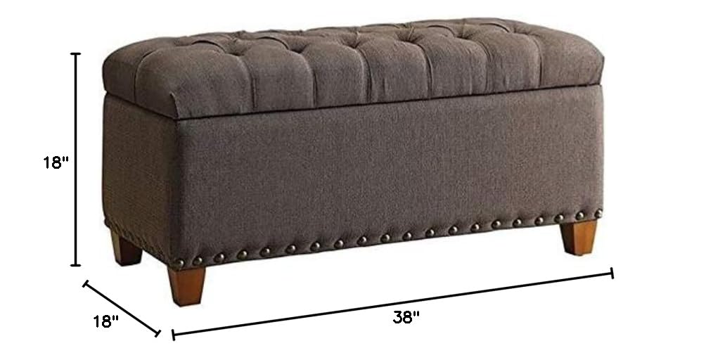 Modern Upholstered Bedroom Storage Bench Button Tufted Top Nailhead Trim Mocha Brown Fabric Wood Legs 500065