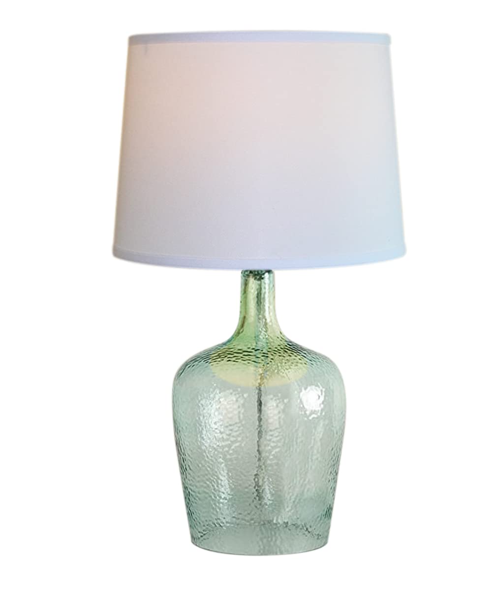 19" h Artisanal Hand-Blown Aqua Green Sea Glass Coastal Style Table Lamp, White Linen