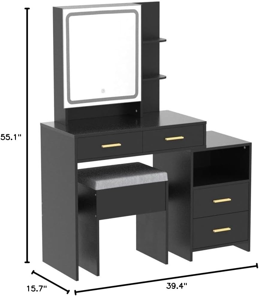 Table Set with Sliding Lighted Mirror 3-Color Lighting Makeup Desk with 4 Drawers,