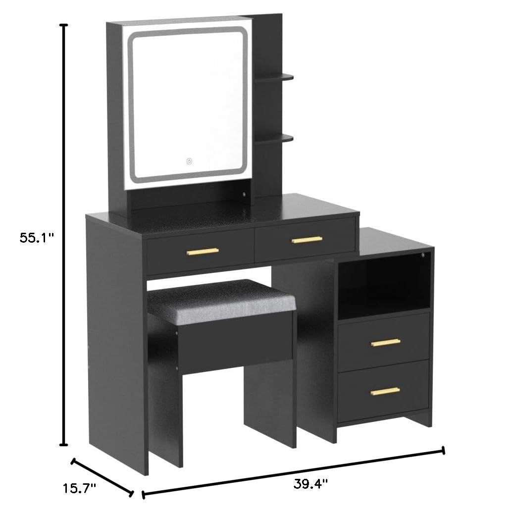 Table Set with Sliding Lighted Mirror 3-Color Lighting Makeup Desk with 4 Drawers,