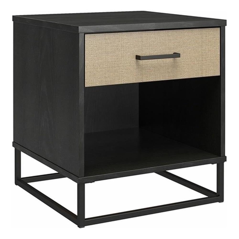 Kelly Nightstand, Faux Rattan & Black Oak