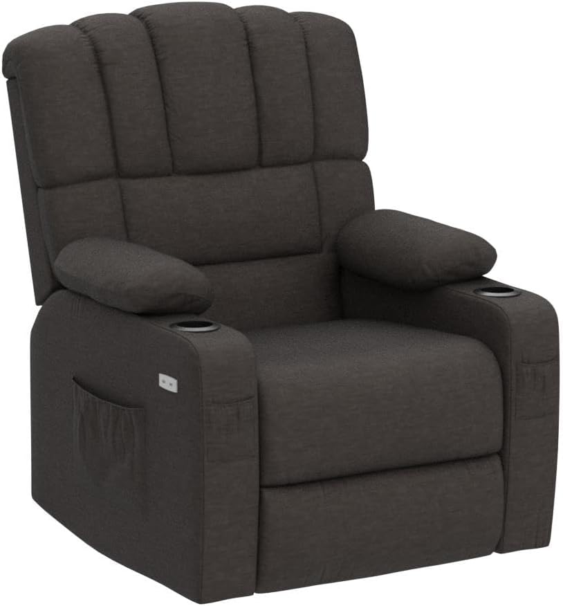 Rocker Recliner Chair with Massage and Heat, Fabric Recliner Chair,Manual Rocking Recliner Chair with 2 Cup Holders, USB Charge Port and Side Pocket,Brown