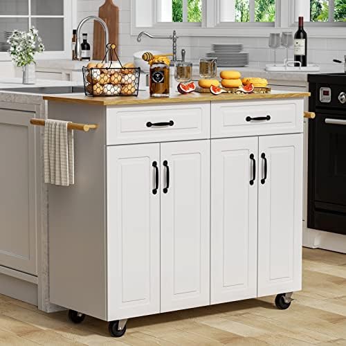 Kitchen Island with Storage on Wheels, Rolling Kitchen Island with 2 Drawers