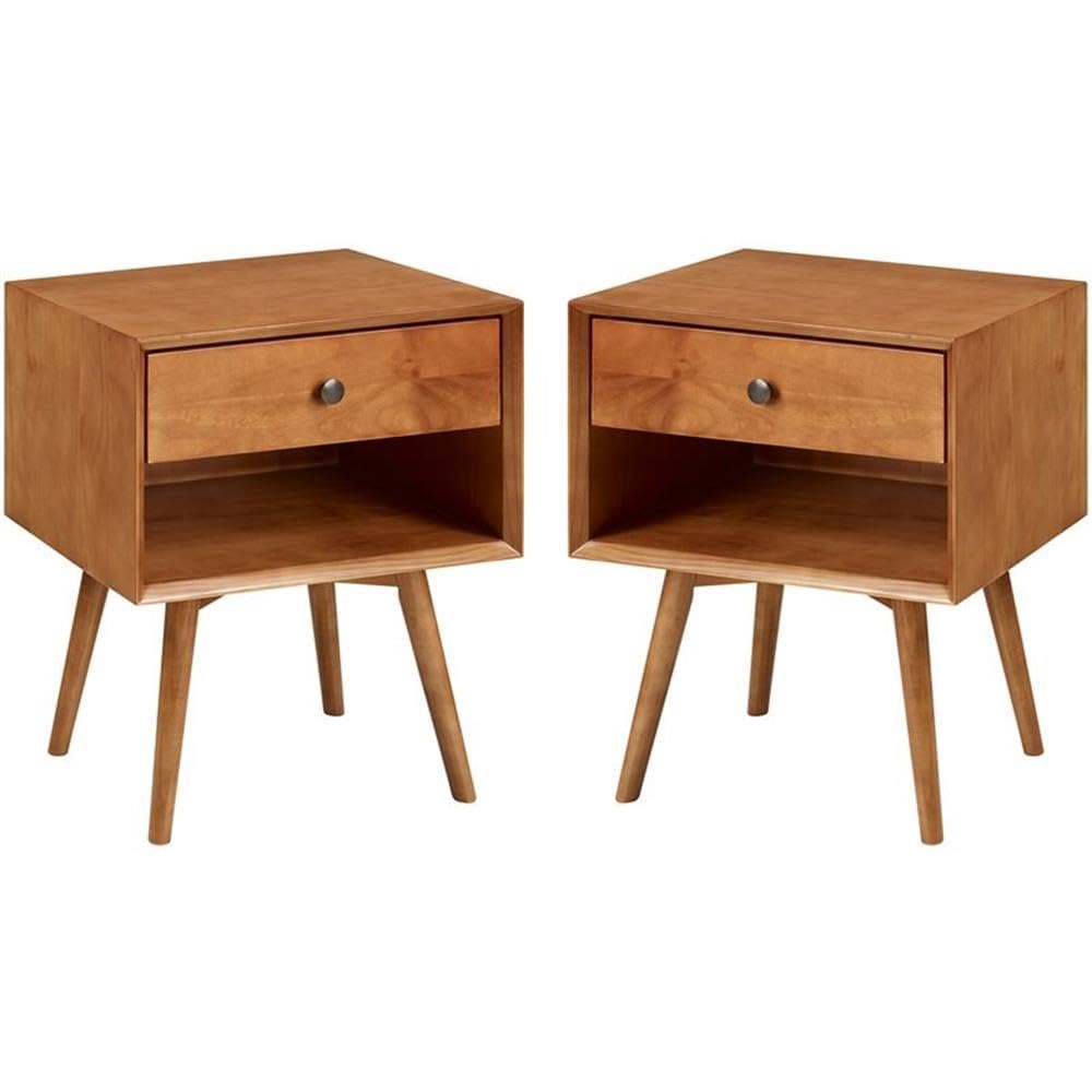 Ella Mid-Century Modern 2-Piece 1-Drawer Solid Wood Nightstand Set, 2 Pack, Caramel