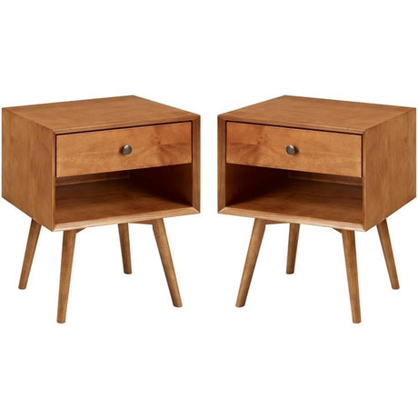 Ella Mid-Century Modern 2-Piece 1-Drawer Solid Wood Nightstand Set, 2 Pack, Caramel