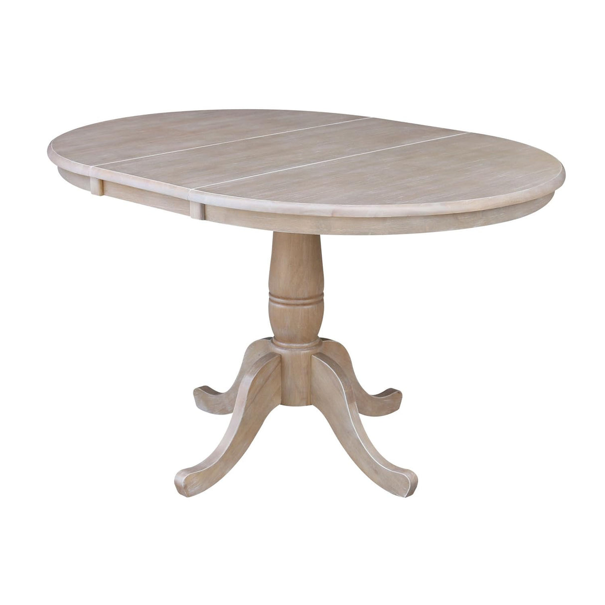 International Concepts 36" Round Top Pedestal Table with 12" Leaf-28.9" H-Dining Height, Washed Gray Taupe