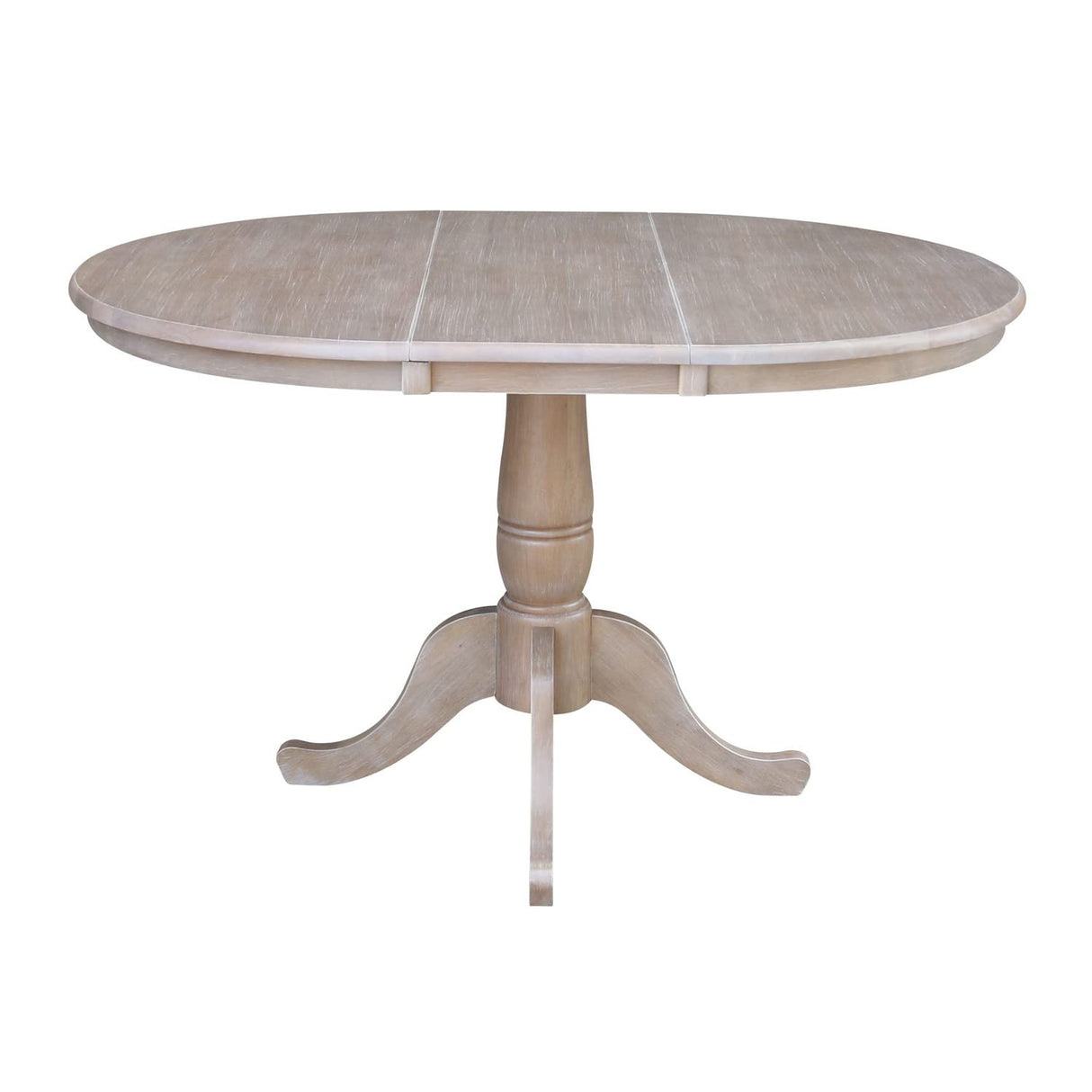 International Concepts 36" Round Top Pedestal Table with 12" Leaf-28.9" H-Dining Height, Washed Gray Taupe