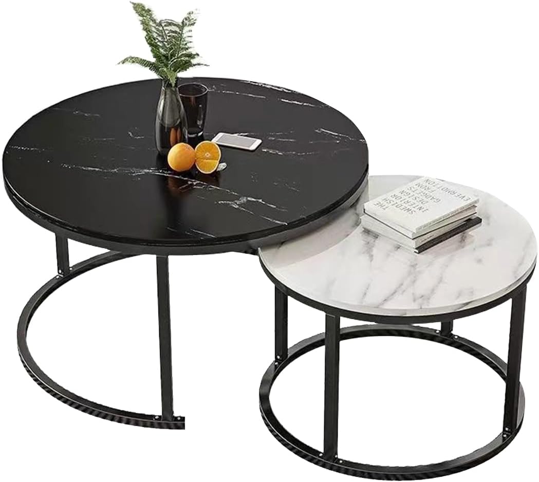 Round Coffee Table Set of 2 with Wood Top for Living Room, Modern Nesting Center