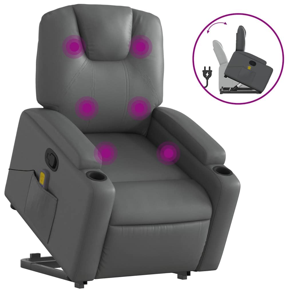 Power Lift Massage Recliner Chair - Manual Reclining, Vibrating Massage, Cup Holders, Faux Leather, Electric Stand-Up Aid, Gray