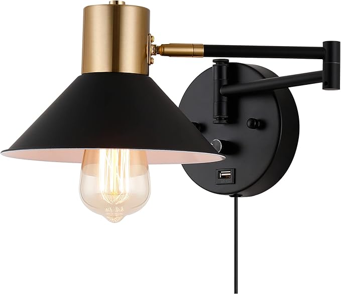 Plug-in Wall Sconce Swing Arm 1-Light Wall Mount Lamp with USB Charging Port Wall