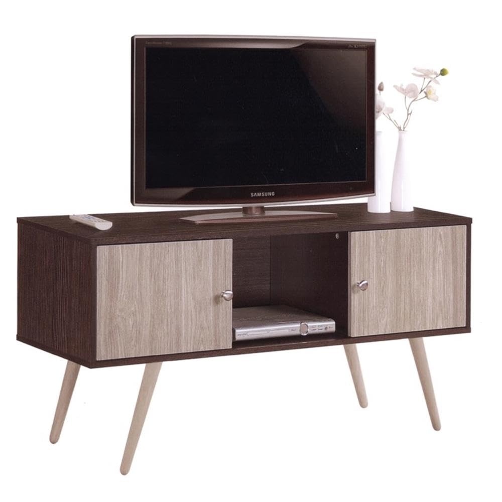 TV Stand with Two Storage Doors, and Solid Wood Legs, Chocolate