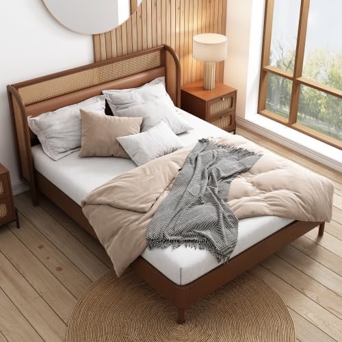 platform Bed Frame, Rustic & Bohemian Unique Style, Modern Rattan Wood Platform
