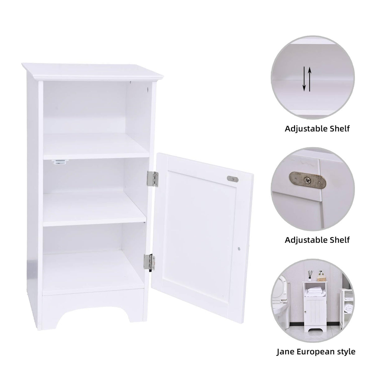 Bathroom Storage Cabinet, Compact Wooden Single Door Floor Cabinet with Adjustable