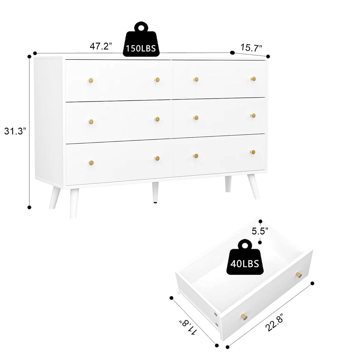 White 6 Drawer Dresser for Bedroom, Modern Dresser with Gold Handle