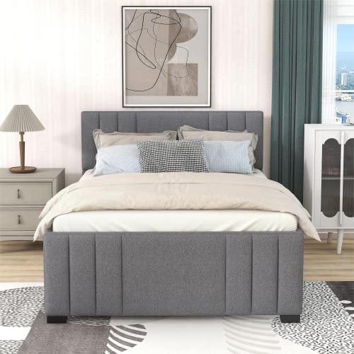 Upholstered Platform Bed Frame with Pull Out Trundle and Two Drawers,Multifunctional