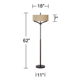 Franklin Iron Works Tremont Modern Mid Century Floor Lamp Standing 62" Tall Deep Bronze Metal Tan Burlap Drum Shade for Living Room Reading Bedroom Office House Home Decor