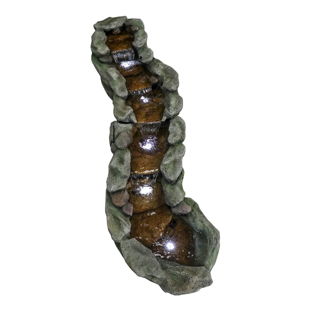 Outdoor Rock Water Fountain with LED Lights, 83.4" L x 22" W x 20" H River Stream Waterfall Feature for Home Garden