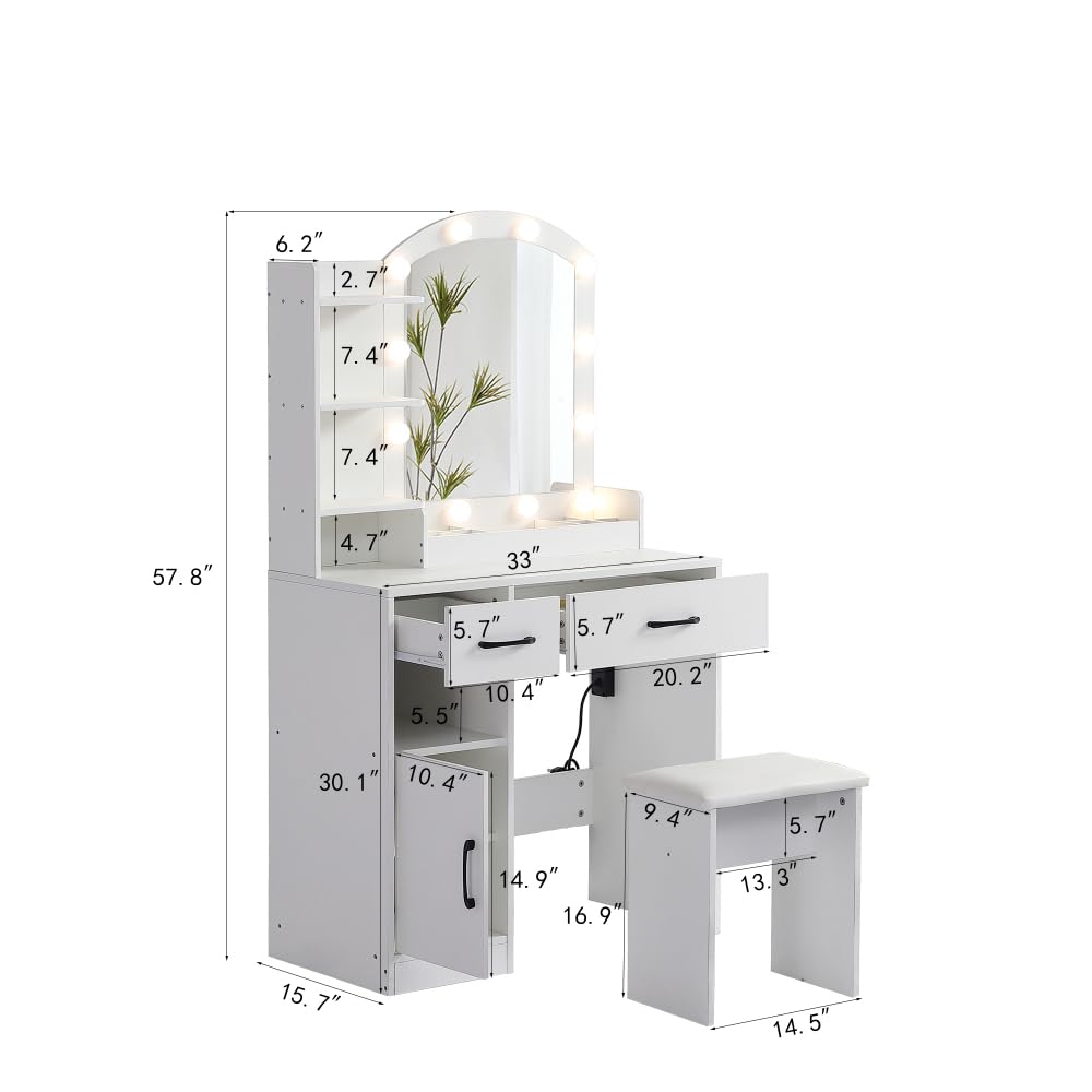 Thirtdos Vanity Desk Set Including Table with Large Lighted Mirror,3 Color Lighting Modes Adjustable Brightness, Dressing Table with 2 Drawers, Storage Cabinet and upholstered Stool, White