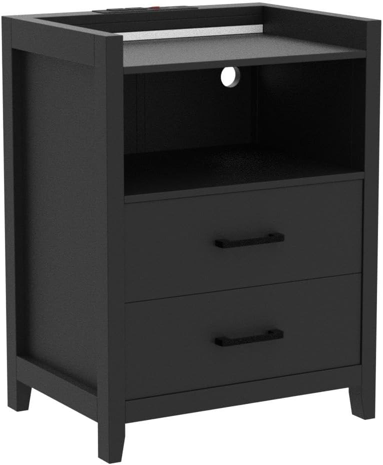 LED Nightstands Set of 2, Black Night Stand with Charging Station and 2 Drawers