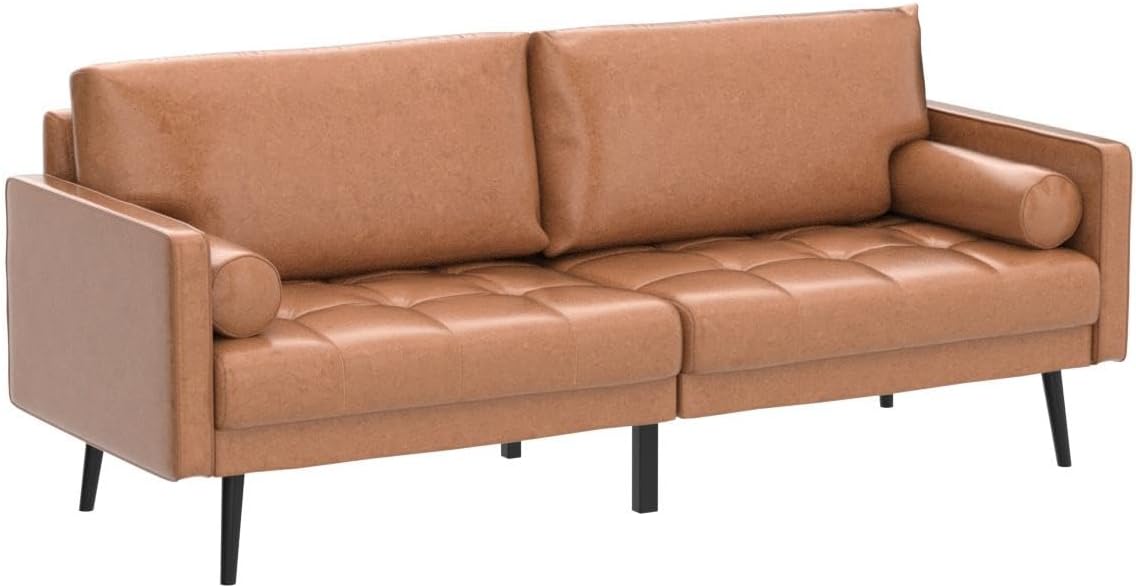 Faux Leather Sofa Couch, Mid-Century 73 Inch 3 Seater Leather Couch with Hand-Stitched Comfort Cushion and Bolster Pillows for Living Room,Elegant Cognac