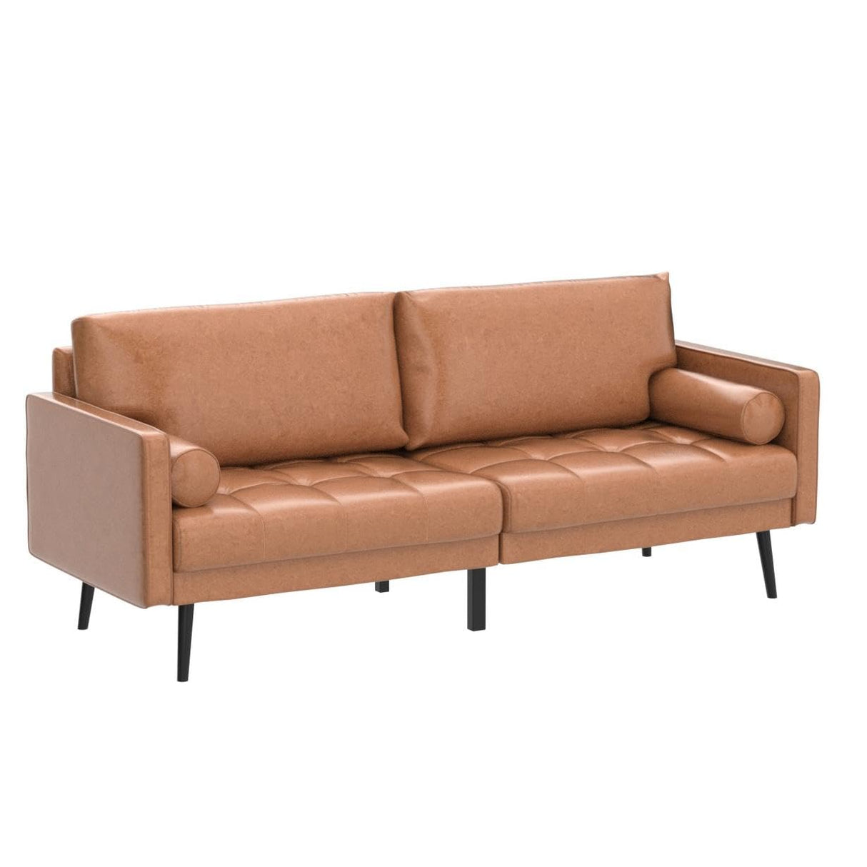 Faux Leather Sofa Couch, Mid-Century 73 Inch 3 Seater Leather Couch with Hand-Stitched Comfort Cushion and Bolster Pillows for Living Room,Elegant Cognac