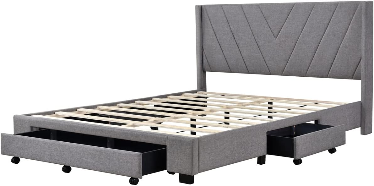 ,Linen Upholstered Platform Bedframe with 3 Drawers & Wing Shaped Headboard,Queen