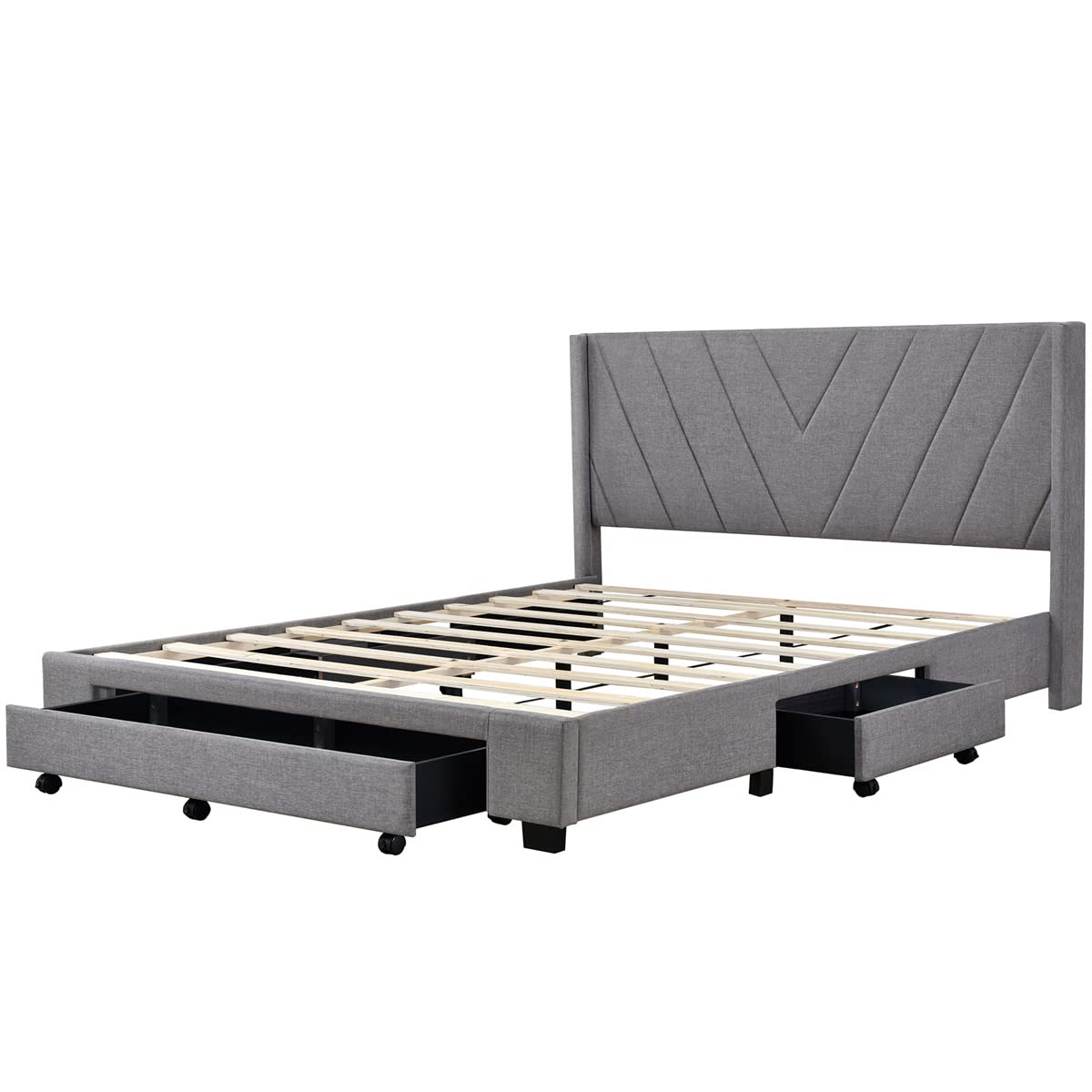 ,Linen Upholstered Platform Bedframe with 3 Drawers & Wing Shaped Headboard,Queen
