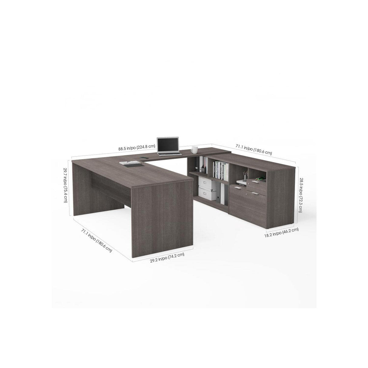 3 Plus U-Shaped Executive Desk, 72W, Bark Grey