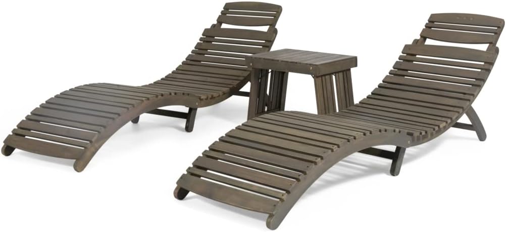 Geoffrey Outdoor Acacia Wood Chaise Lounge Set, Gray Finish