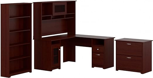 L Shaped Desk with Hutch, 5 Shelf Bookcase and Lateral File Cabinet