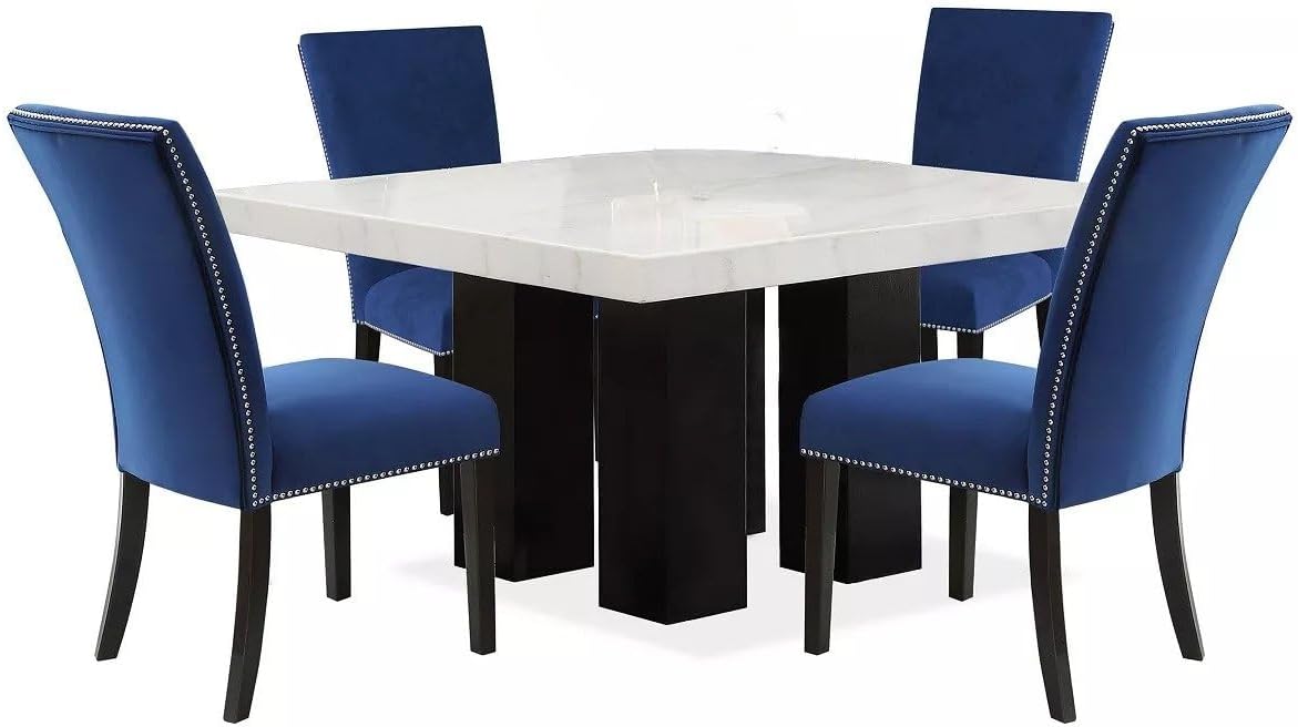 5-Piece Square Dining Set with White Faux Marble Top and Blue Upholstered Chairs