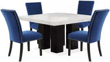 5-Piece Square Dining Set with White Faux Marble Top and Blue Upholstered Chairs