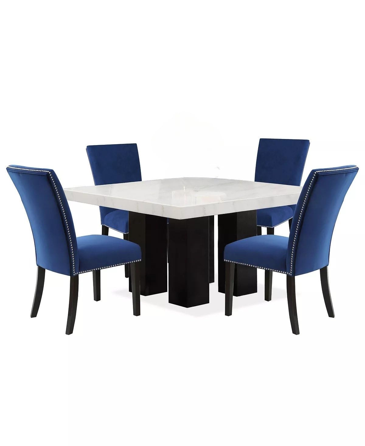 5-Piece Square Dining Set with White Faux Marble Top and Blue Upholstered Chairs