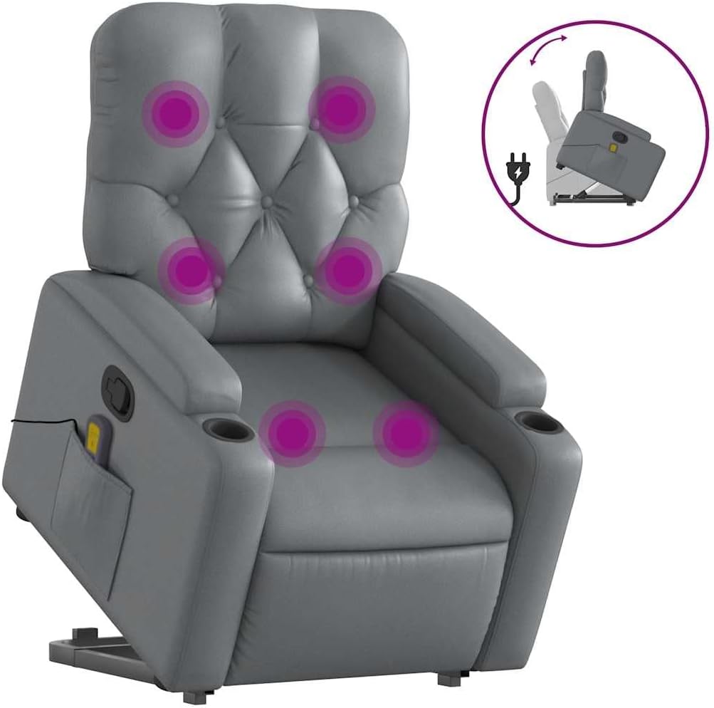 Gray Faux Leather Power Lift Massage Recliner - Electric Stand-Up Assist, Manual Tilt,