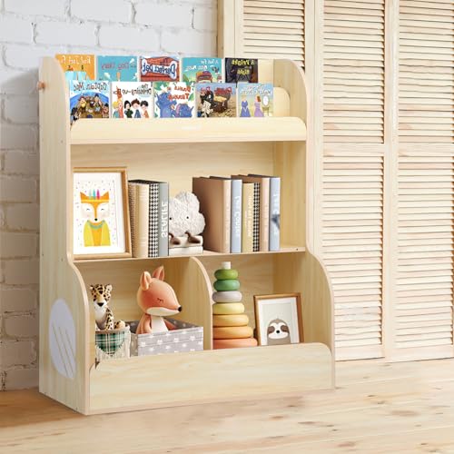 Bookshelf & Montessori Toy Storage Cubby, 3 Tiers Children Wooden Bookcase