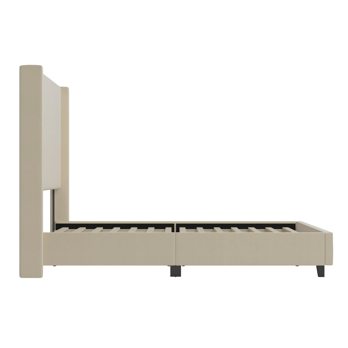 Nora Wingback Platform Bed - Beige Faux Linen Upholstery - Durable Engineered