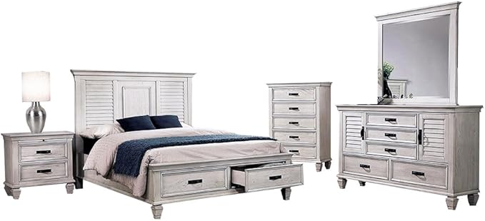 Franco Eastern King Bed 5-Piece Set, Distressed White