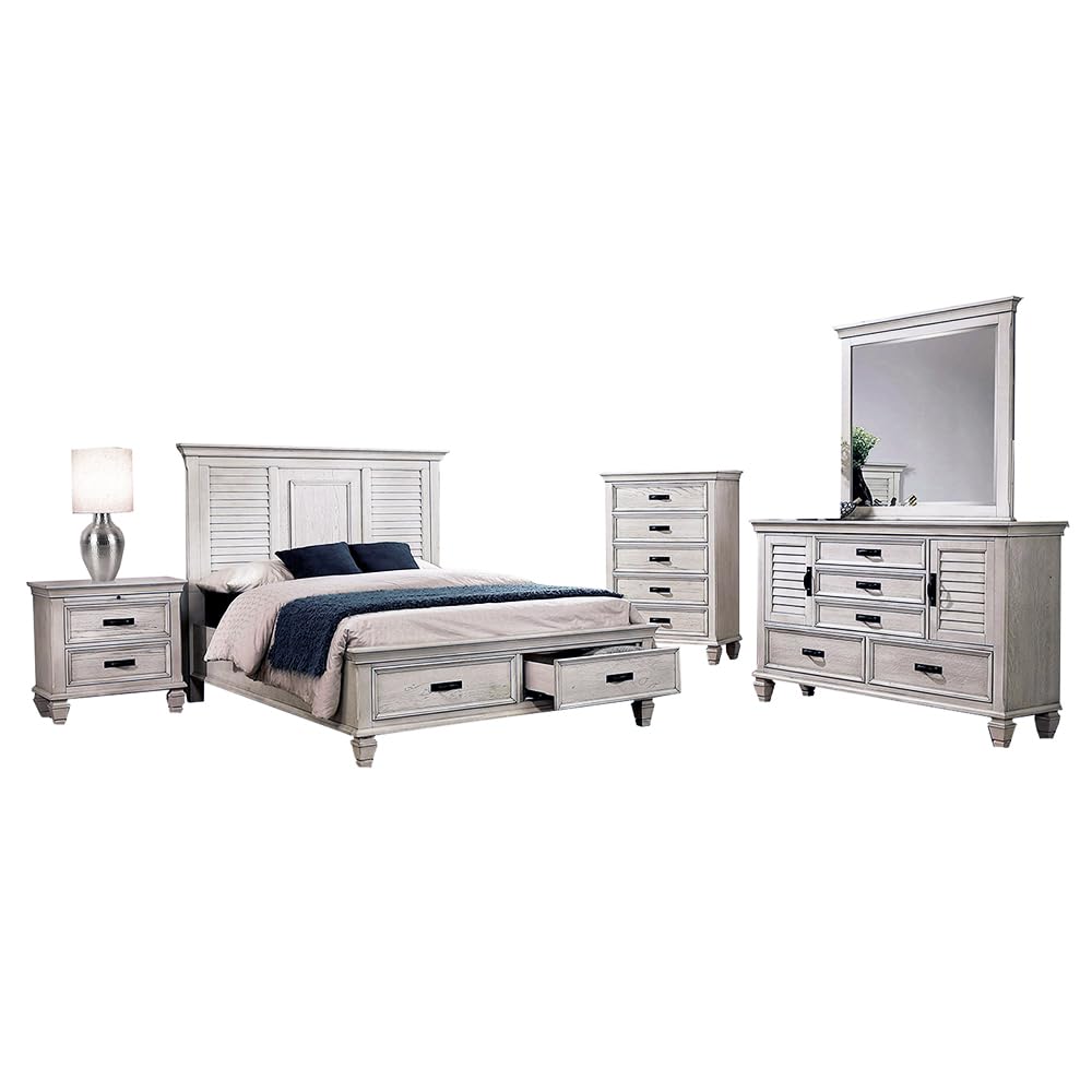 Franco Eastern King Bed 5-Piece Set, Distressed White