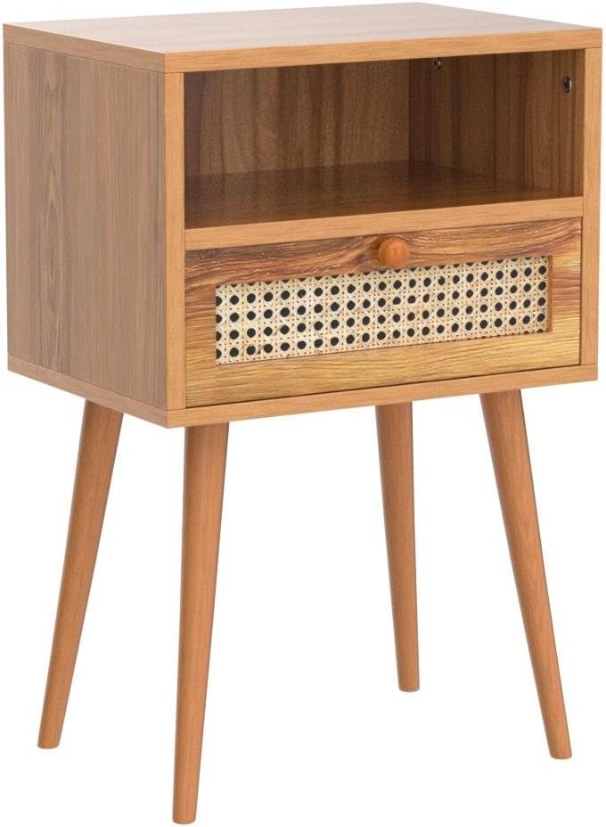 Rattan Nightstand Bedside Tables, Modern Wood Side Table Small End Table