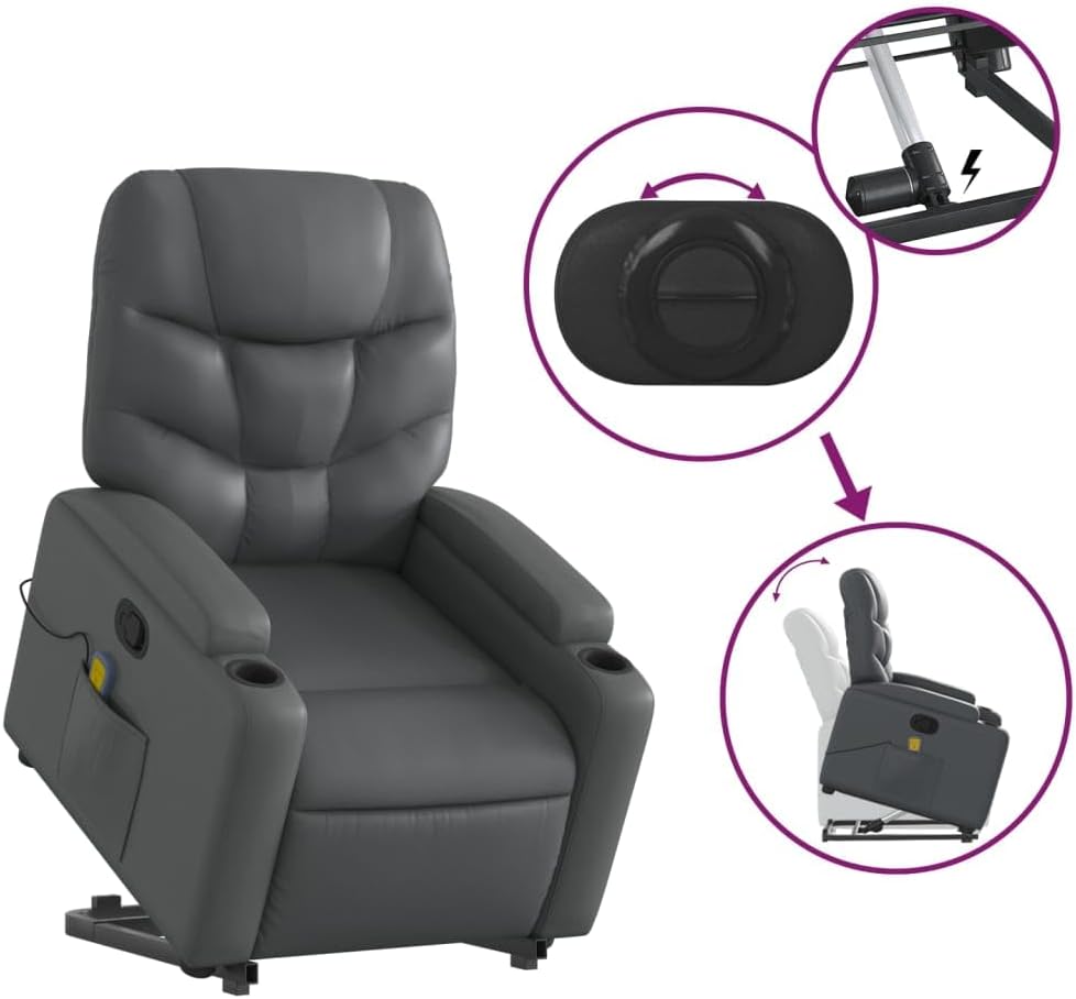 Power Lift Massage Recliner Chair - Faux Leather Armchair with Cup Holders, Manual Recline, USB-Powered Vibration, Gray