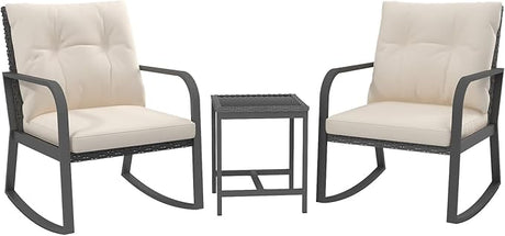 3 Pieces Patio Bistro Set Outdoor Rocking Chair w Cushion for Yard Garden Poolside (Red)