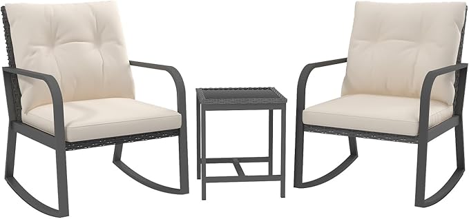 3 Pieces Patio Bistro Set Outdoor Rocking Chair w Cushion for Yard Garden Poolside (Red)