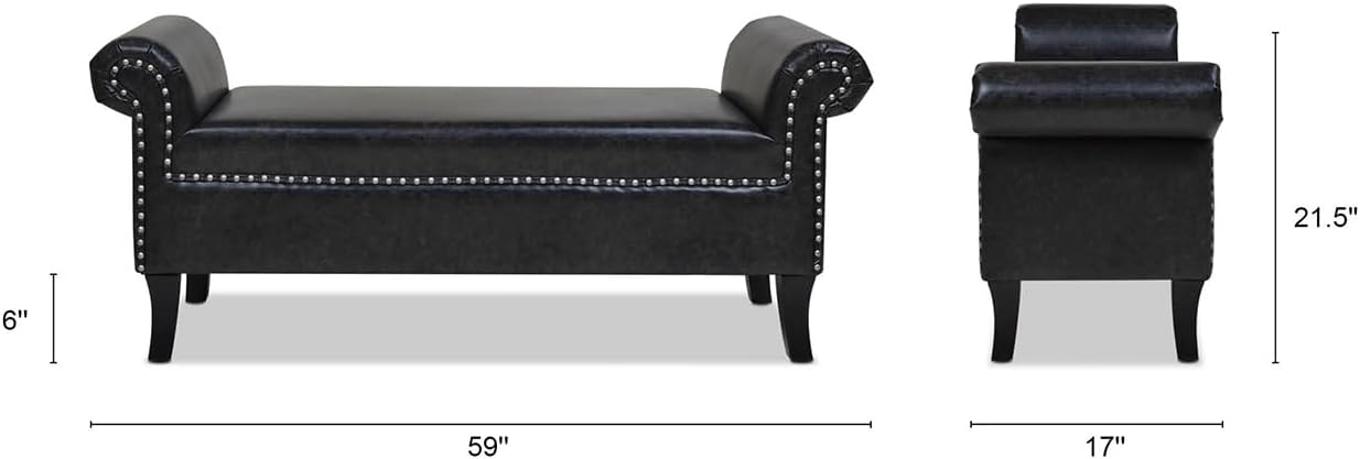 Jennifer Taylor Home Kathy Roll Arm Entryway Accent Bench, Vintage Black Brown Faux Leather