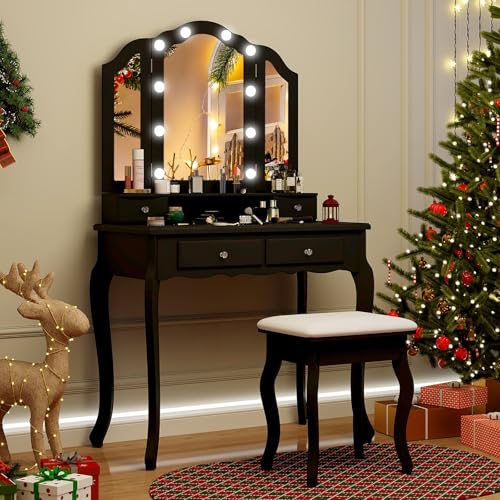 Vanity Desk with Lights - Makeup Vanity Table with Tri-Fold Mirror, 10 Adjustable
