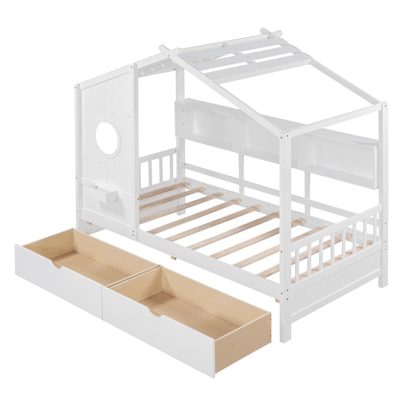 Twin Bed Frames with Storage, Twin Size House Bed with 2 Drawers and Side Shelves