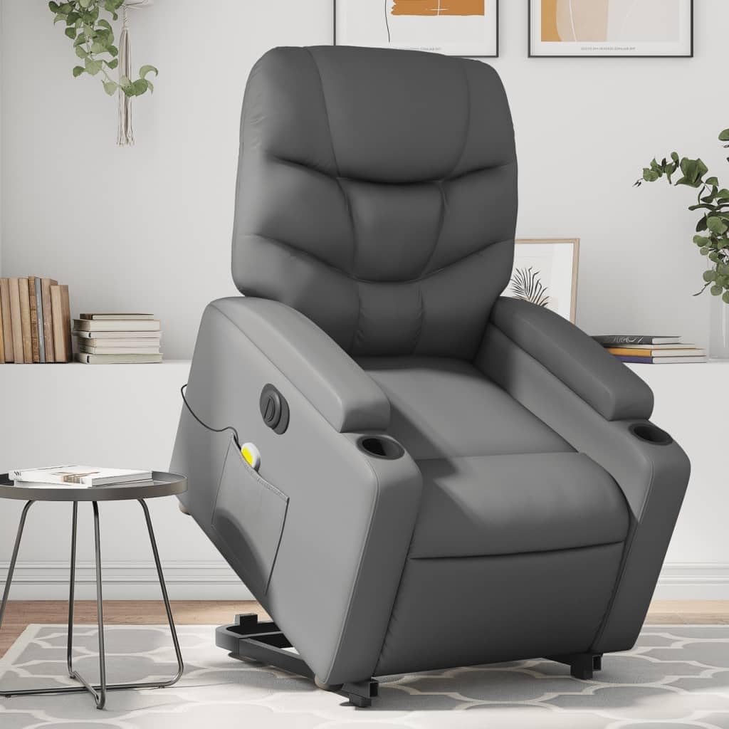 Massage Recliner Armchair in Gray Faux Leather - Power Lift, Recline, Vibration Massage