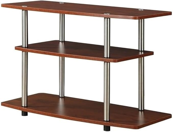 Easy Assembly No Tools Required 32" TV Stand Entertainment Console with 3 Tier Storage Shelves in White and Stainless Steel Clad Finish