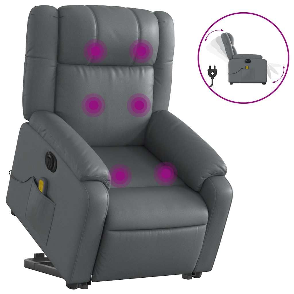 Massage Recliner Chair - Armchair Gray Faux Leather with Lift and Recline Functions - Comfortable Reclining Seating for Living Room